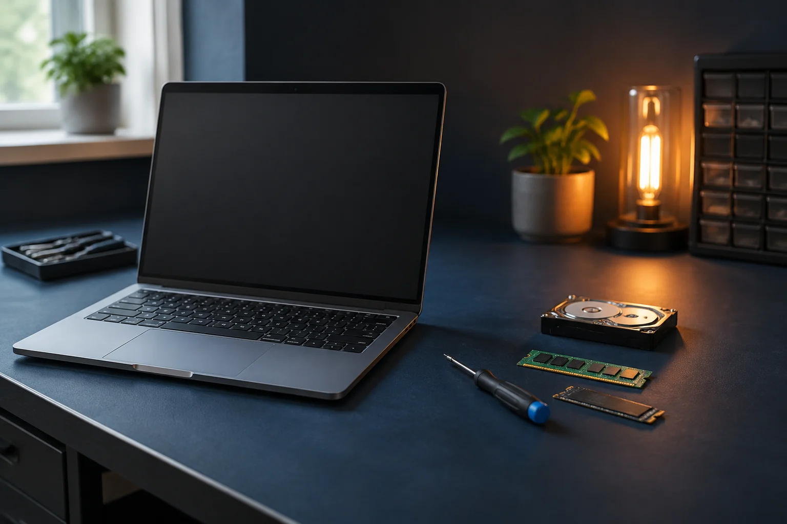 Illustrative laptop and precision tools on a tidy computer repair workbench