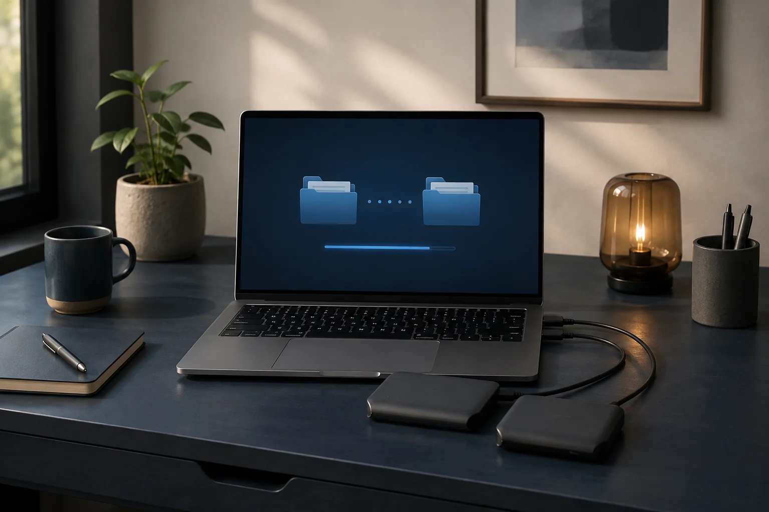 AI illustration of a laptop connected to external drives for backing up files.