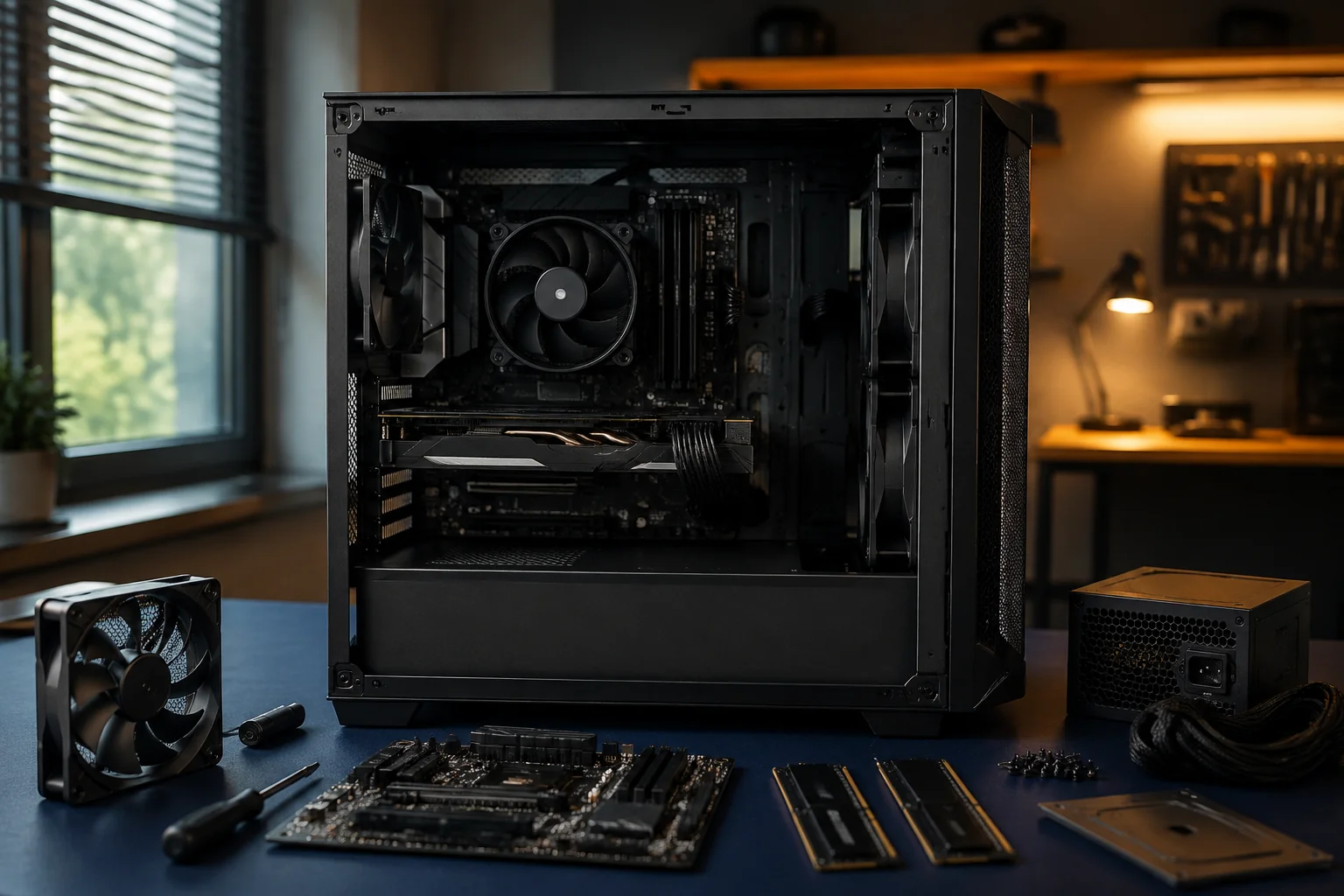 AI illustration of an open custom desktop tower with components arranged for assembly.