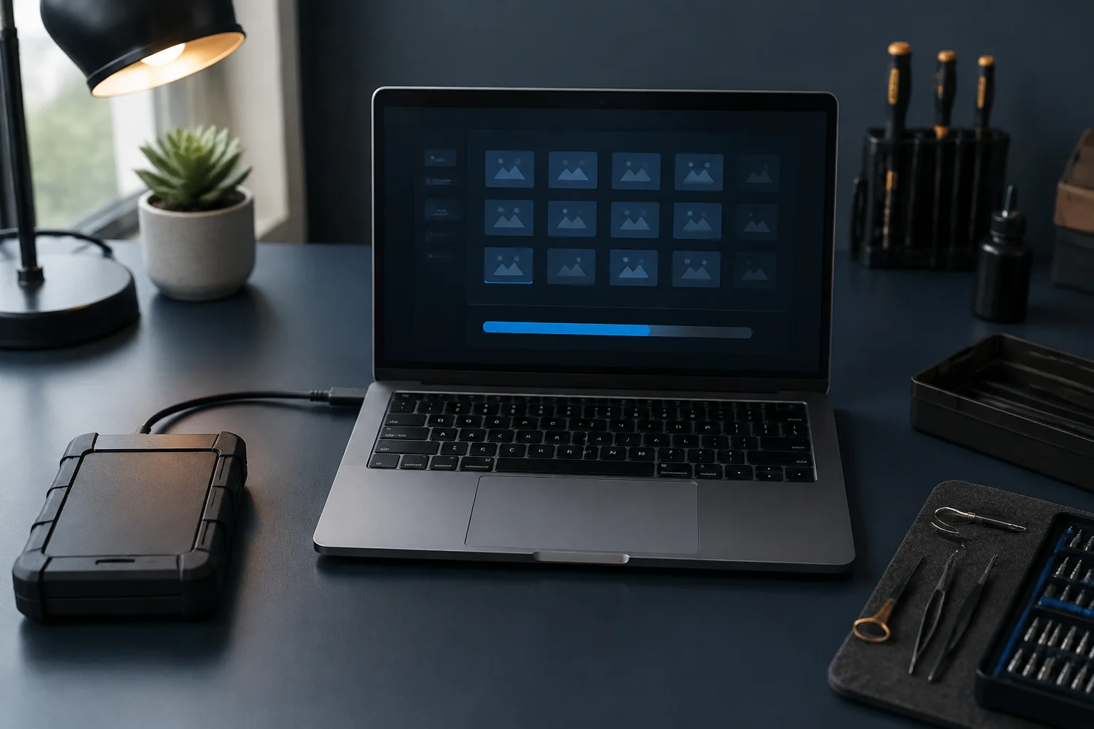AI illustration of a hard drive connected to a laptop for file recovery.