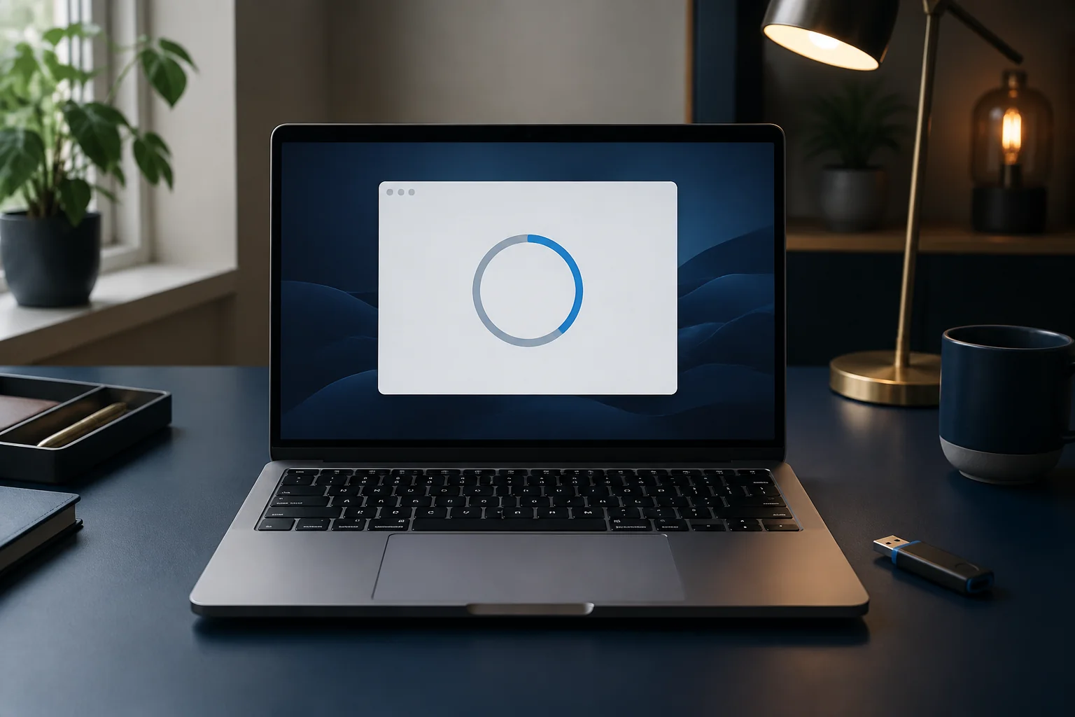 AI illustration of a laptop showing operating system installation progress with a USB installer nearby.