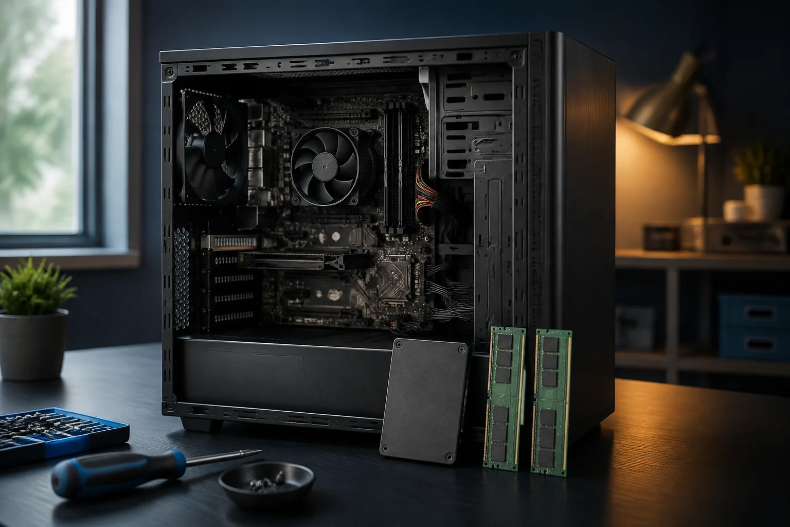 AI illustration of an open desktop computer with memory and solid-state storage ready for an upgrade.
