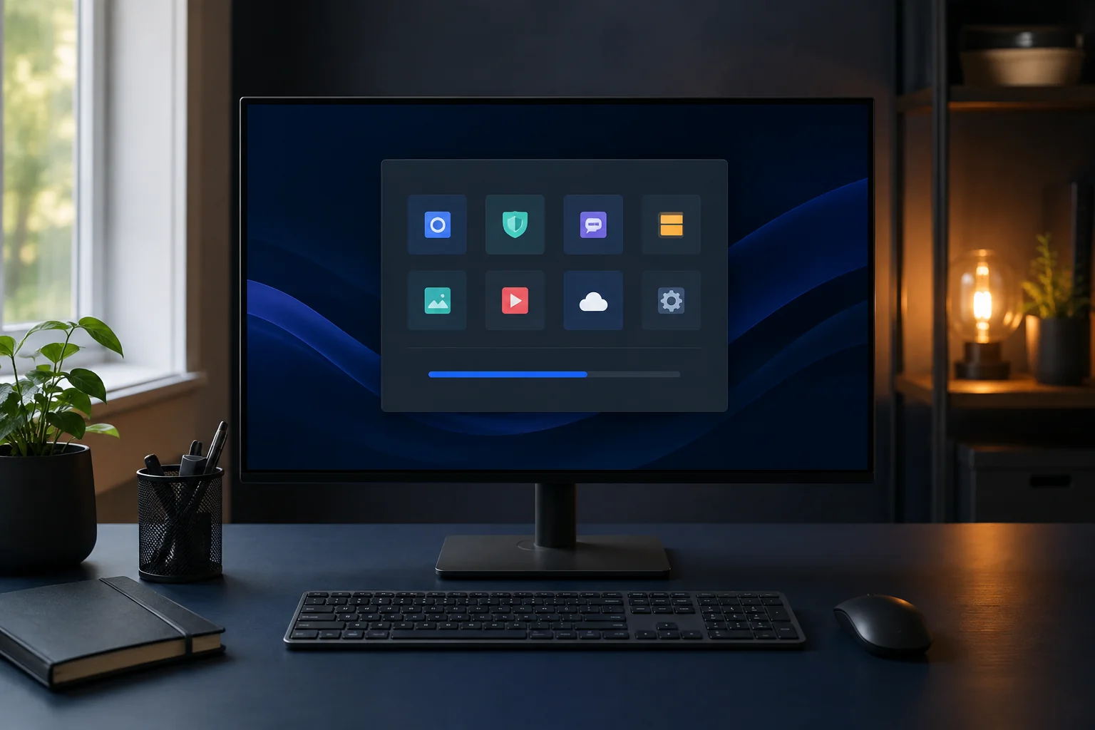 AI illustration of a desktop monitor displaying application tiles and installation progress.