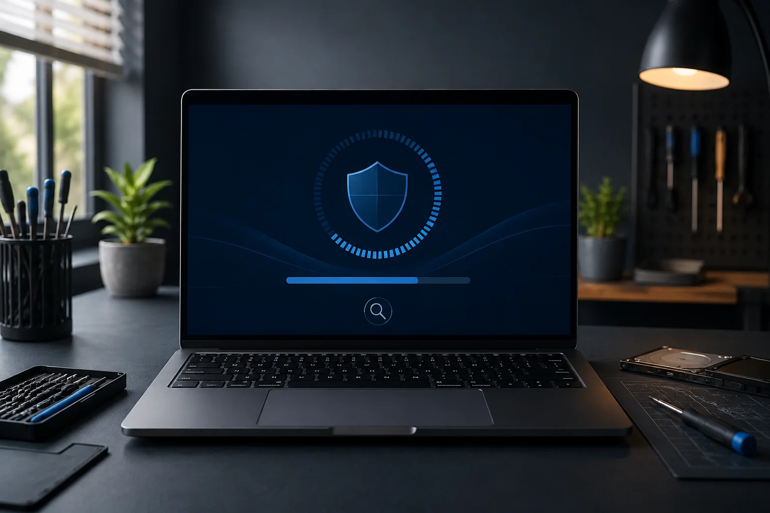 AI illustration of a laptop displaying an abstract security scan and shield.
